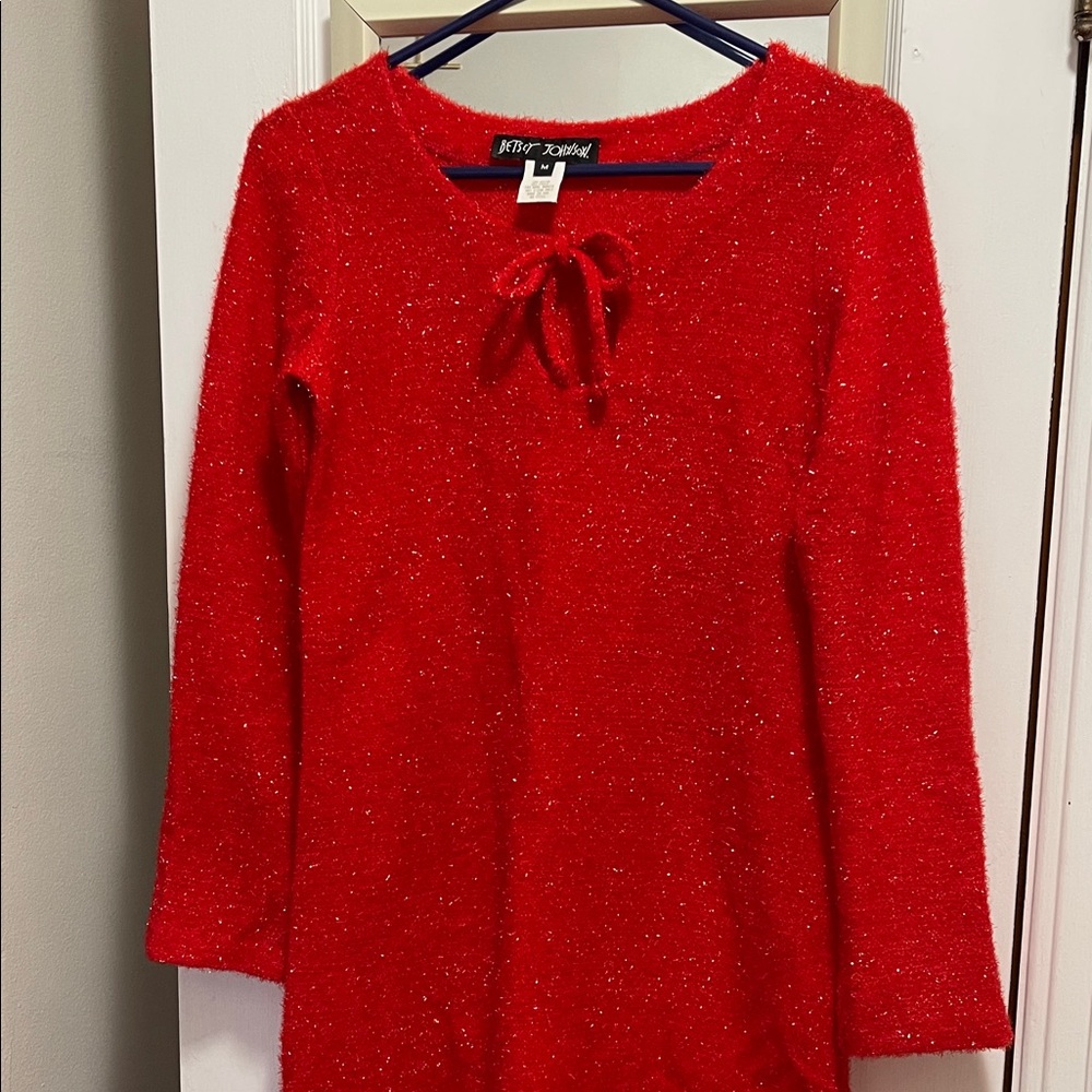Betsey Johnson Rare Red Sparkle Fuzzy Tie-Neck Tunic/Dress
